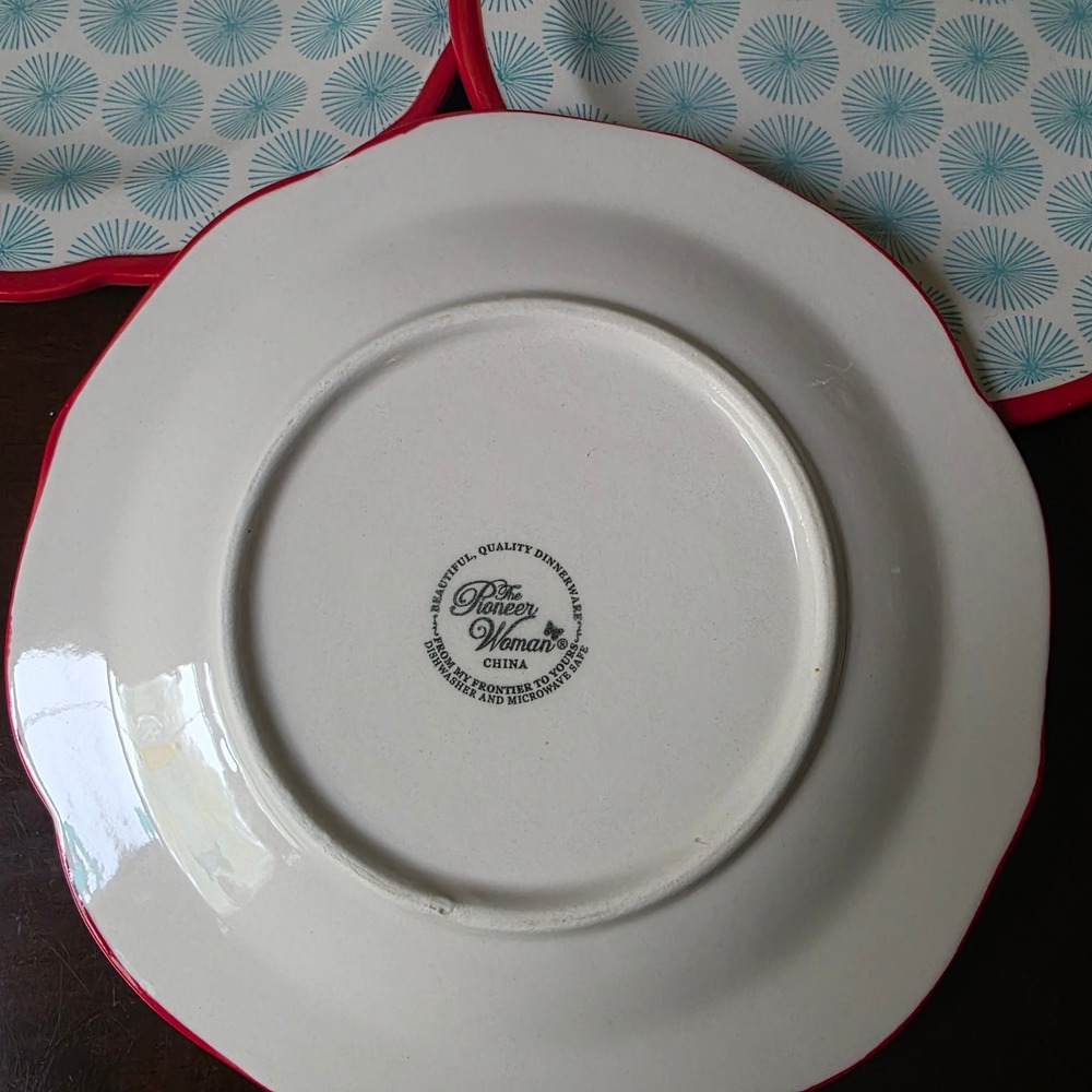 Pioneer Woman Happiness Teal Red Salad Plates Set of 3 Scalloped Edge 8.5in - Picture 3 of 3